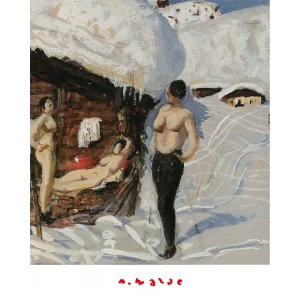 Plakat mit Alfons Walde Motiv "Nackte vor der Almhütte II"